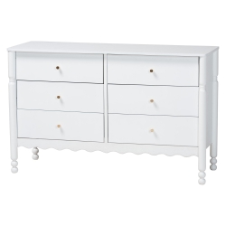 Baxton Studio Hoffman Dresser - 6-Drawer Horizontal Storage Cabinet with Scalloped Apron and Turned Legs for Bedroom, White
